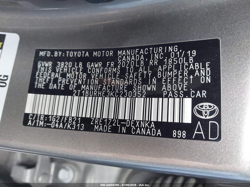 VIN 2T1BURHE3KC230352 2019 TOYOTA COROLLA LE