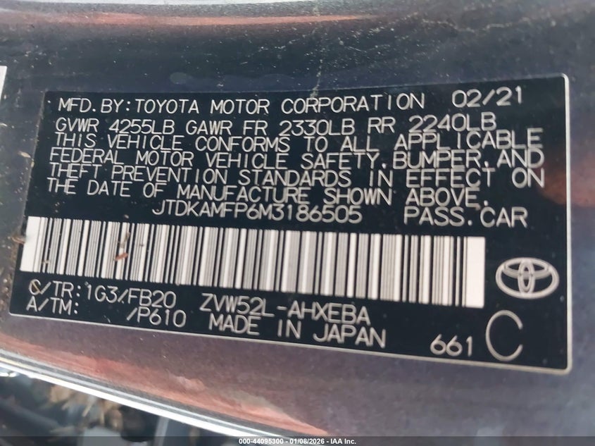 VIN JTDKAMFP6M3186505 2021 TOYOTA PRIUS PRIME LE