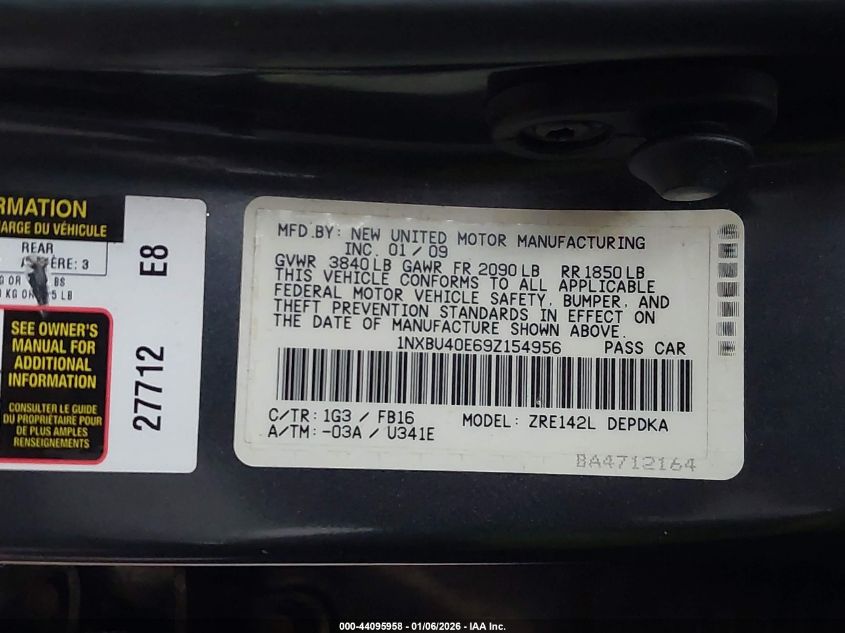 2009 Toyota Corolla Le VIN: 1NXBU40E69Z154956 Lot: 44095958