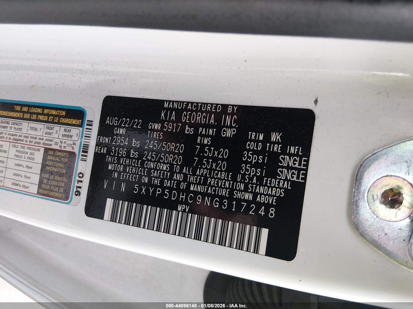 VIN 5XYP5DHC9NG317248 2022 KIA TELLURIDE SX