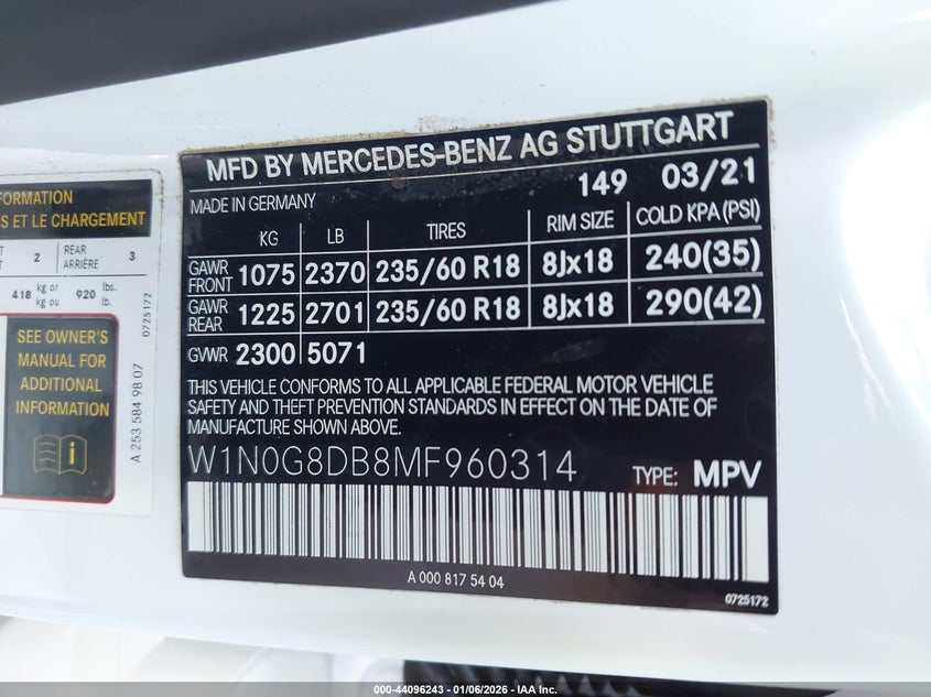 VIN W1N0G8DB8MF960314 2021 MERCEDES-BENZ GLC 300 SUV