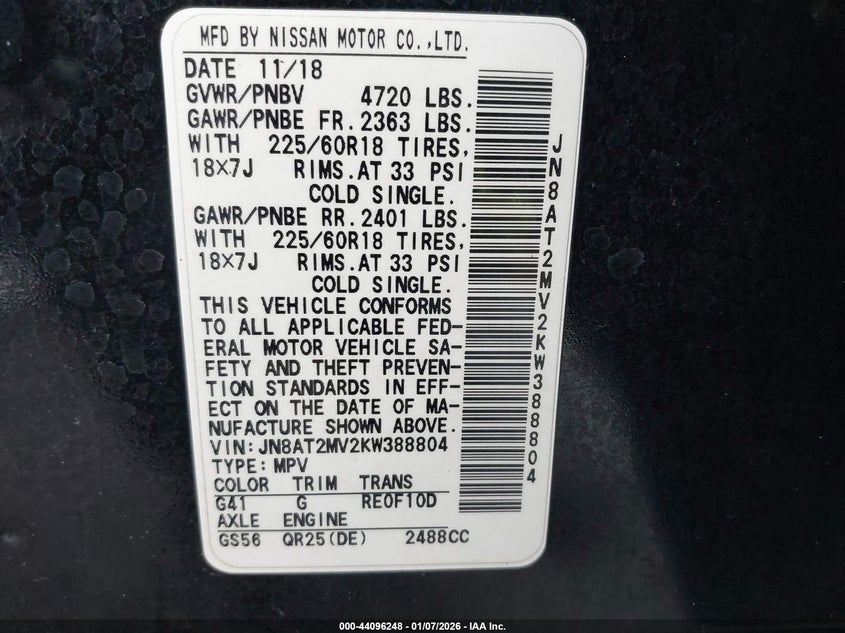 VIN JN8AT2MV2KW388804 2019 NISSAN ROGUE SV