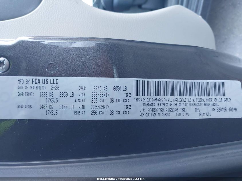 2020 Dodge Grand Caravan Sxt VIN: 2C4RDGCGXLR169370 Lot: 44096467