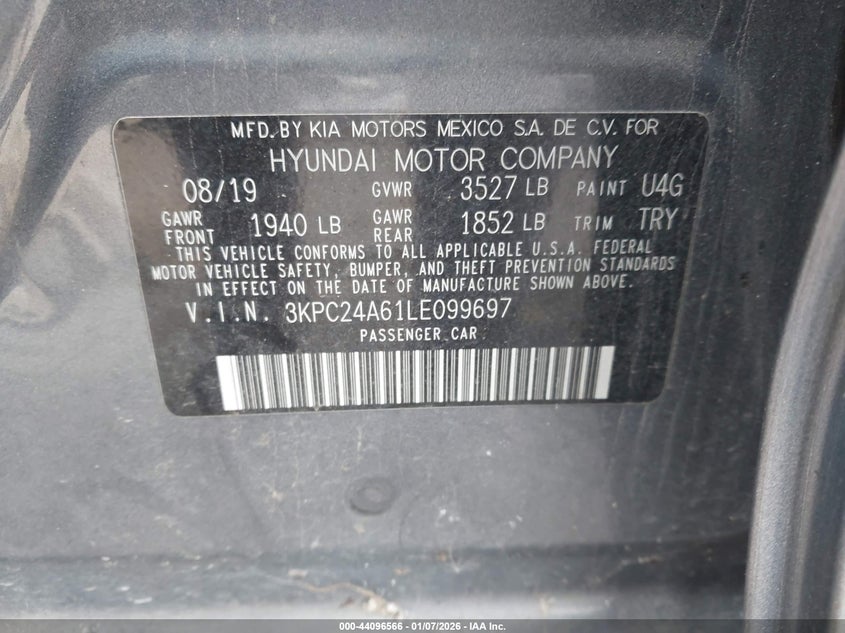 2020 Hyundai Accent Se VIN: 3KPC24A61LE099697 Lot: 44096566