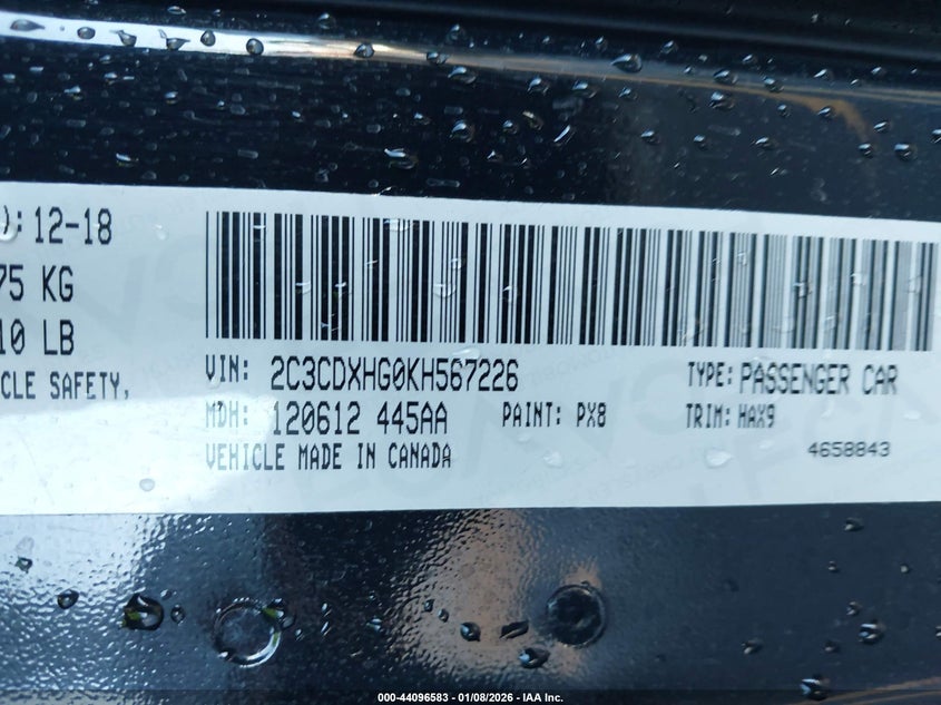 VIN 2C3CDXHG0KH567226 2019 DODGE CHARGER GT RWD