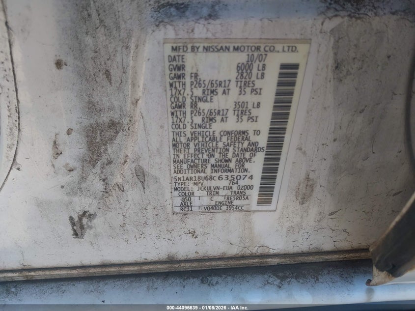 2008 Nissan Pathfinder Le VIN: 5N1AR18U68C635074 Lot: 44096639