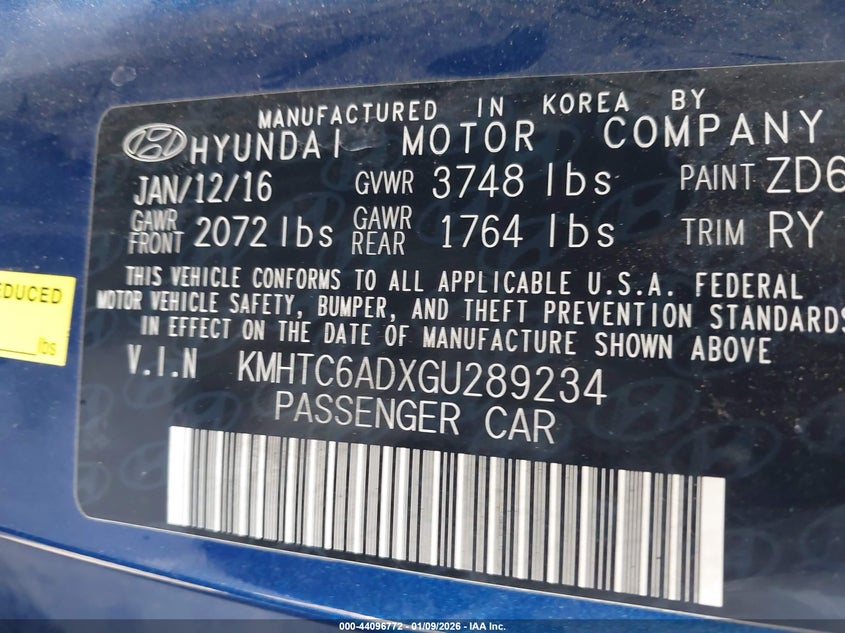 2016 Hyundai Veloster VIN: KMHTC6ADXGU289234 Lot: 44096772