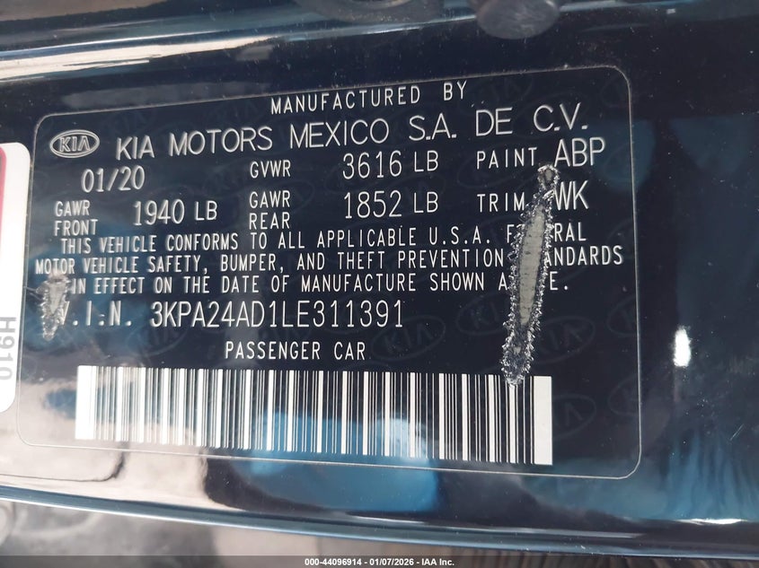 2020 Kia Rio Lx VIN: 3KPA24AD1LE311391 Lot: 44096914
