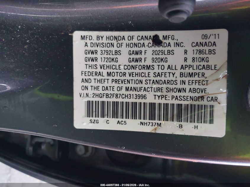 2012 Honda Civic Ex VIN: 2HGFB2F87CH313996 Lot: 44097366