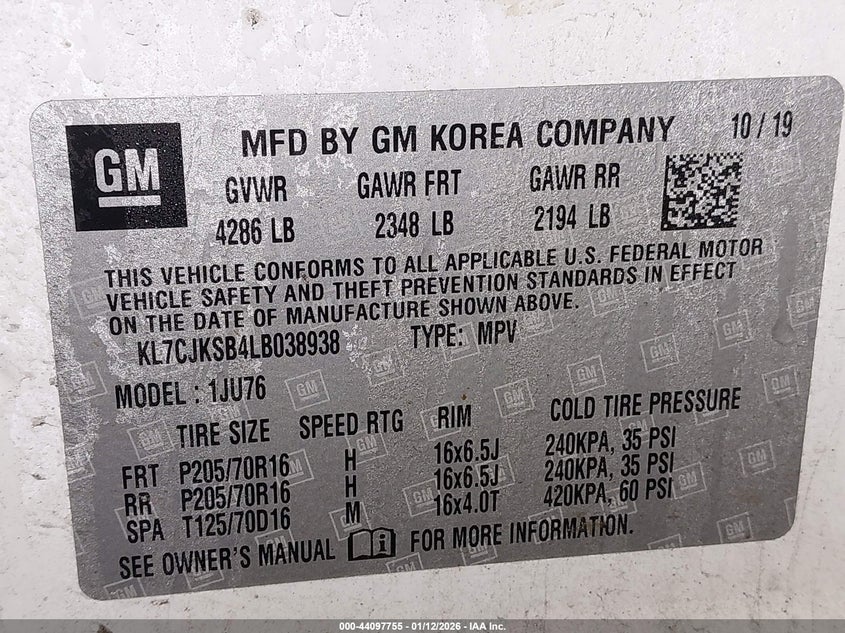 VIN KL7CJKSB4LB038938 2020 CHEVROLET TRAX FWD LS