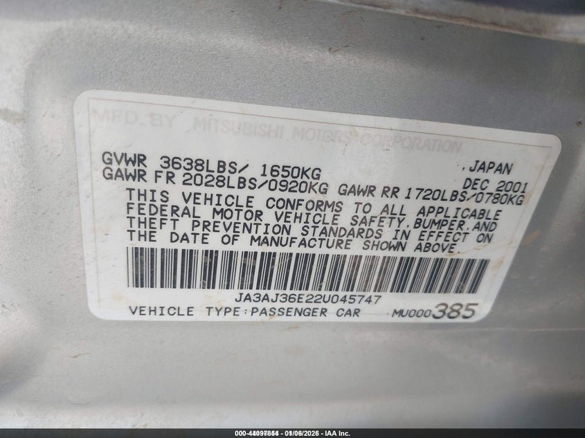 2002 Mitsubishi Lancer Ls VIN: JA3AJ36E22U045747 Lot: 44097854
