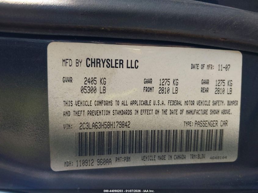 2008 Chrysler 300C Hemi VIN: 2C3LA63H58H179842 Lot: 44098203