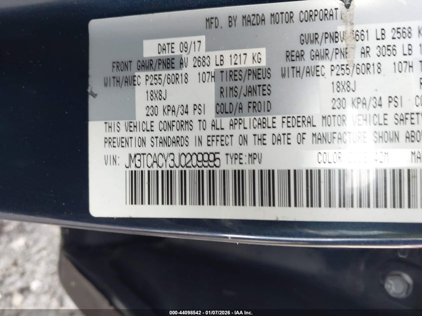 2018 Mazda Cx-9 Touring VIN: JM3TCACY3J0209995 Lot: 44098542