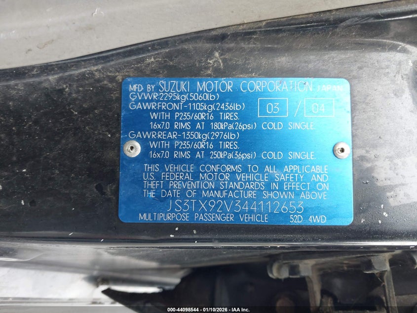 2004 Suzuki Xl-7 Ex/Ex W/3Rd Row/Lx VIN: JS3TX92V344112653 Lot: 44098544