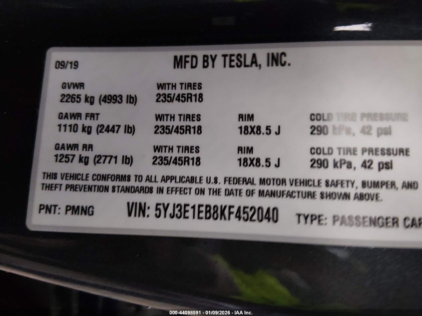 VIN 5YJ3E1EB8KF452040 2019 TESLA MODEL 3 LONG RANGE/PERFORMANCE