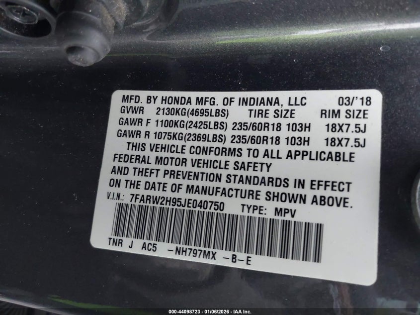 VIN 7FARW2H95JE040750 2018 HONDA CR-V TOURING