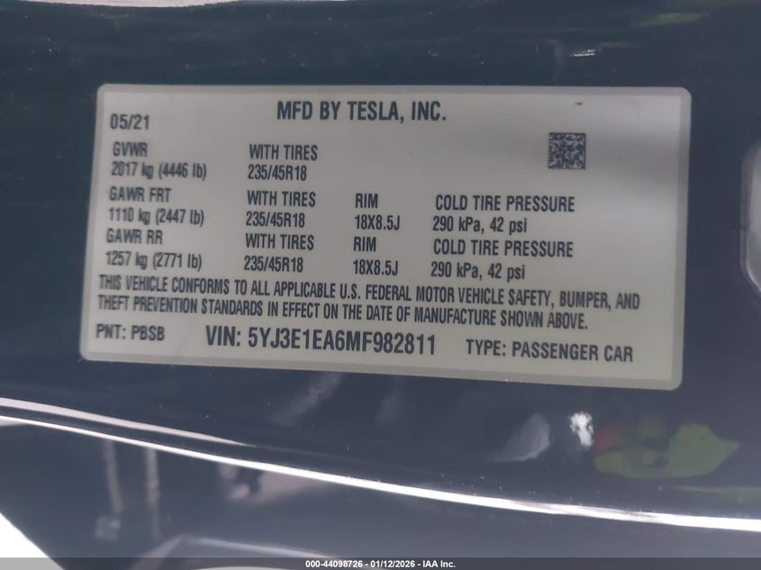 2021 Tesla Model 3 Standard Range Plus Rear-Wheel Drive VIN: 5YJ3E1EA6MF982811 Lot: 44098726