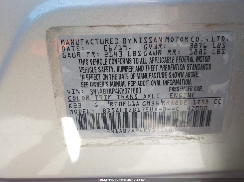 2019 Nissan Sentra Sv VIN: 3N1AB7AP4KY371600 Lot: 44099076