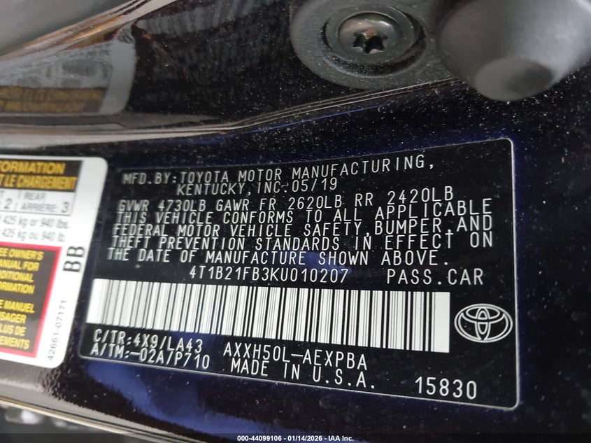 2019 Toyota Avalon Hybrid Limited VIN: 4T1B21FB3KU010207 Lot: 44099106