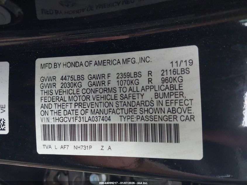 2020 Honda Accord Sport VIN: 1HGCV1F31LA037404 Lot: 44099217