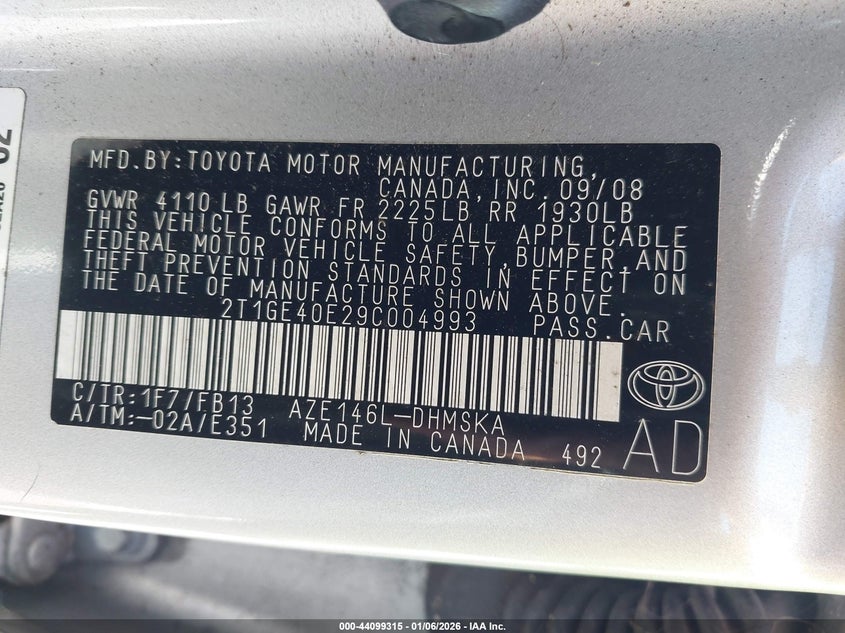 2009 Toyota Corolla Matrix Xrs VIN: 2T1GE40E29C004993 Lot: 44099315