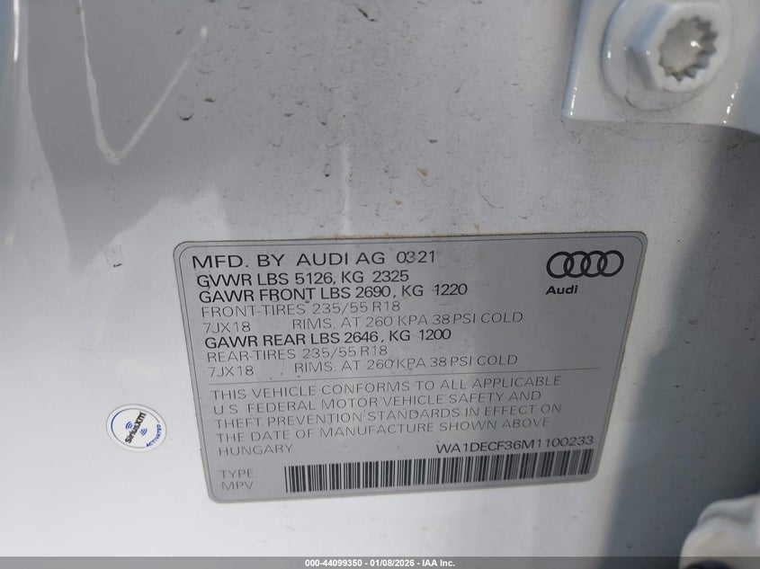 2021 Audi Q3 Premium 45 Tfsi S Line Quattro Tiptronic VIN: WA1DECF36M1100233 Lot: 44099350