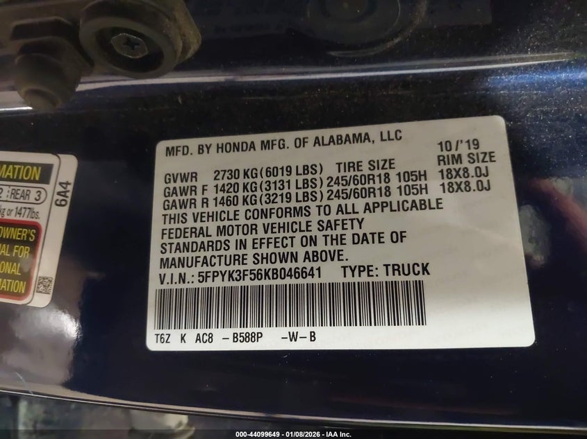 2019 Honda Ridgeline Rtl VIN: 5FPYK3F56KB046641 Lot: 44099649