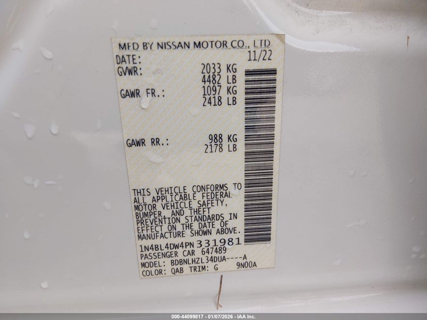 VIN 1N4BL4DW4PN331981 2023 NISSAN ALTIMA SV INTELLIGENT AWD