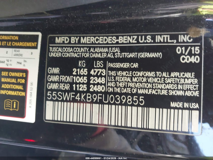 MERCEDES-BENZ C 300 2015 VIN 55SWF4KB9FU039855
