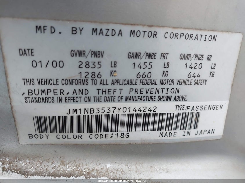 2000 Mazda Mx-5 Miata Ls/Special Edition VIN: JM1NB3537Y0144242 Lot: 44100658