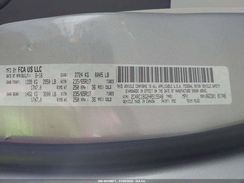 VIN 2C4RC1BG2HR515548 2017 CHRYSLER PACIFICA TOURING-L