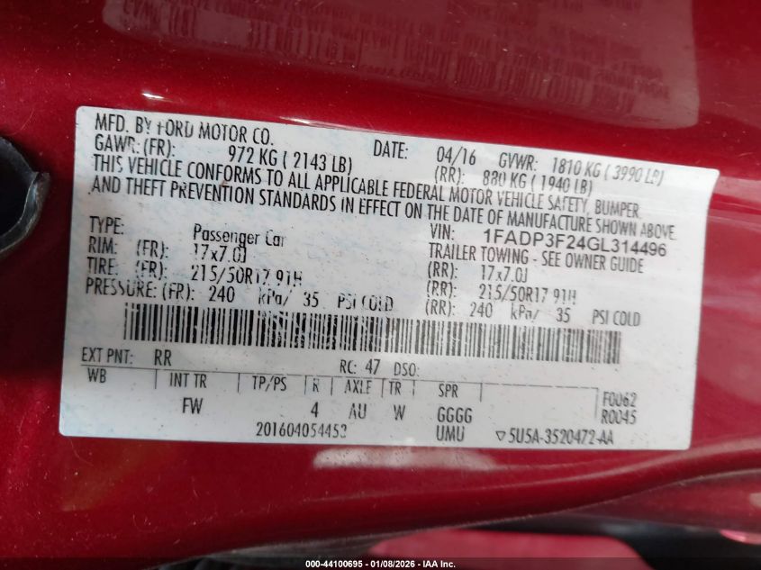 2016 Ford Focus Se VIN: 1FADP3F24GL314496 Lot: 44100695