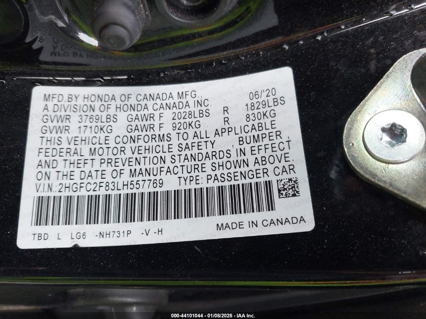 2020 Honda Civic Sport VIN: 2HGFC2F83LH557769 Lot: 44101044