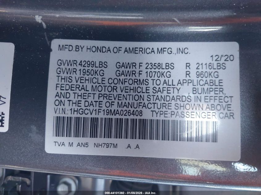 2021 Honda Accord Lx VIN: 1HGCV1F19MA026408 Lot: 44101360