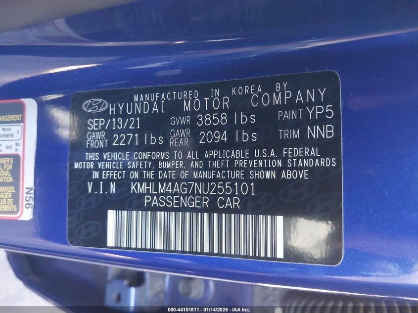 2022 Hyundai Elantra Sel VIN: KMHLM4AG7NU255101 Lot: 44101811
