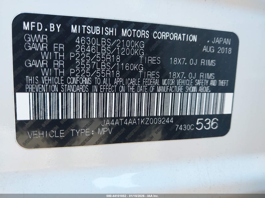 2019 Mitsubishi Eclipse Cross Le VIN: JA4AT4AA1KZ009244 Lot: 44101852