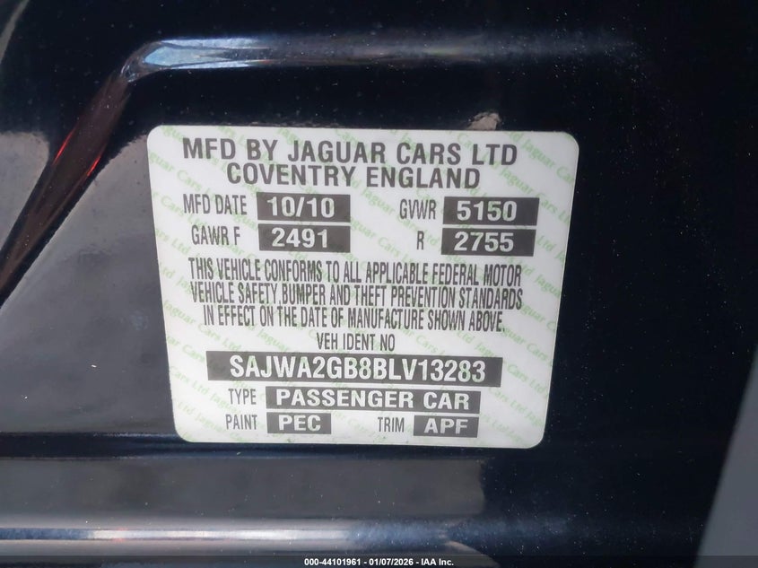 2011 Jaguar Xj Xjl VIN: SAJWA2GB8BLV13283 Lot: 44101961
