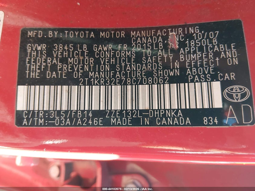 2008 Toyota Matrix Xr VIN: 2T1KR32E78C708062 Lot: 44102075