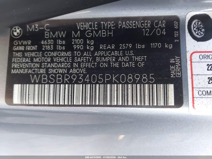 2005 BMW M3 VIN: WBSBR93405PK08985 Lot: 44102595