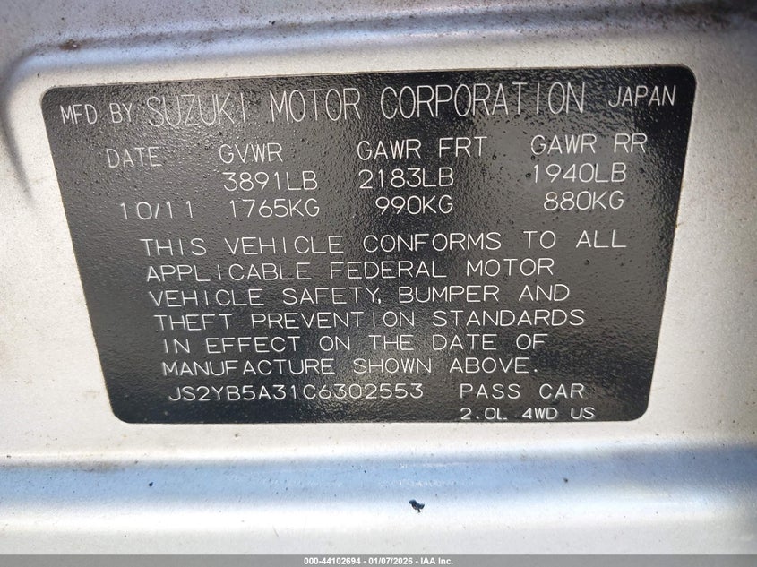 2012 Suzuki Sx4 Premium/Tech Valu Pkg (Nav) VIN: JS2YB5A31C6302553 Lot: 44102694