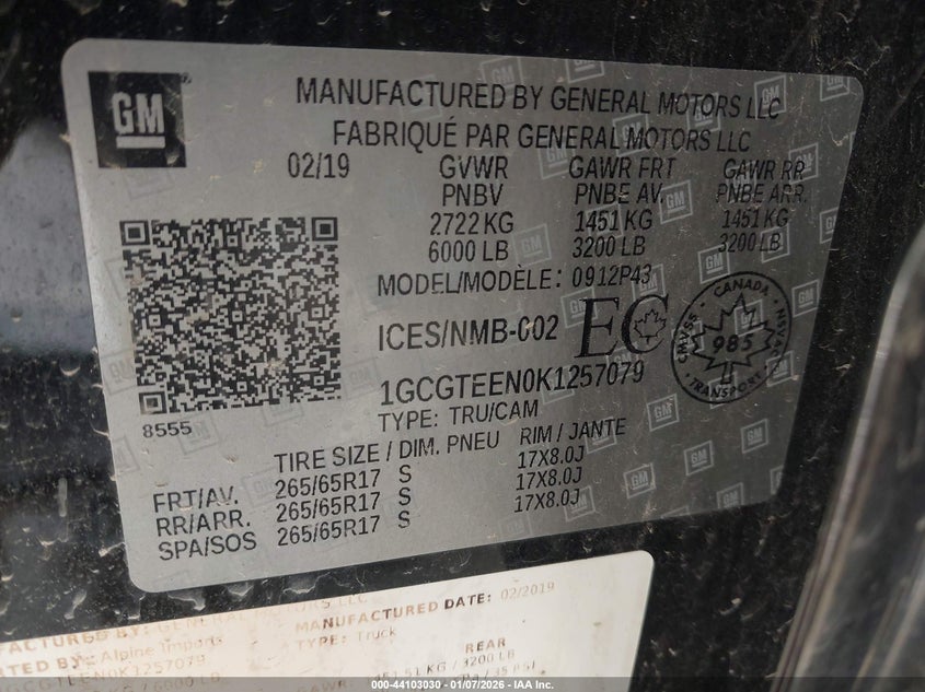 2019 Chevrolet Colorado Zr2 VIN: 1GCGTEEN0K1257079 Lot: 44103030