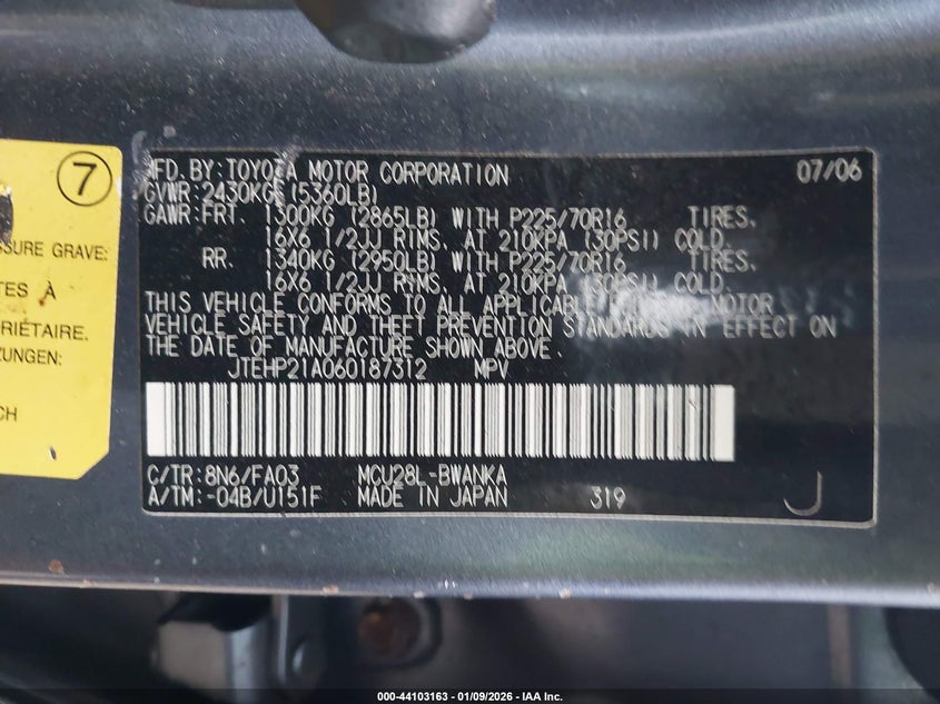 2006 Toyota Highlander V6 VIN: JTEHP21A060187312 Lot: 44103163