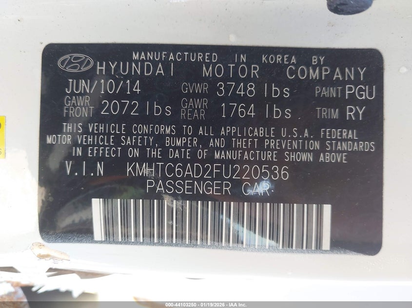 2015 Hyundai Veloster Re:flex VIN: KMHTC6AD2FU220536 Lot: 44103250