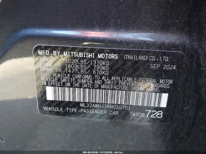 2024 Mitsubishi Mirage Black Edition VIN: ML32AWHJ3RH030701 Lot: 44103340
