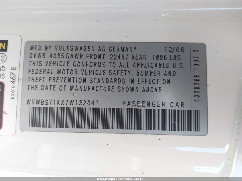 2007 Volkswagen Rabbit 2-Door VIN: WVWBS71KX7W132041 Lot: 44103404