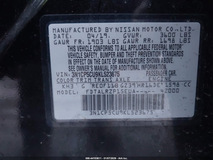 VIN 3N1CP5CU9KL523675 2019 NISSAN KICKS S