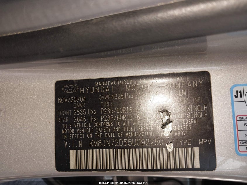 2005 Hyundai Tucson Gls/Lx VIN: KM8JN72D55U092250 Lot: 44103622