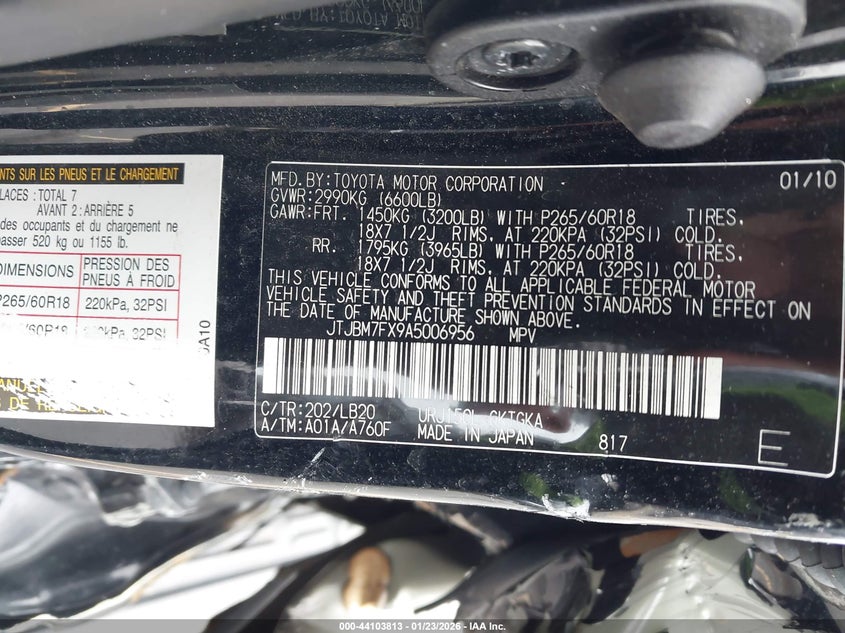 2010 Lexus Gx 460 VIN: JTJBM7FX9A5006956 Lot: 44103813