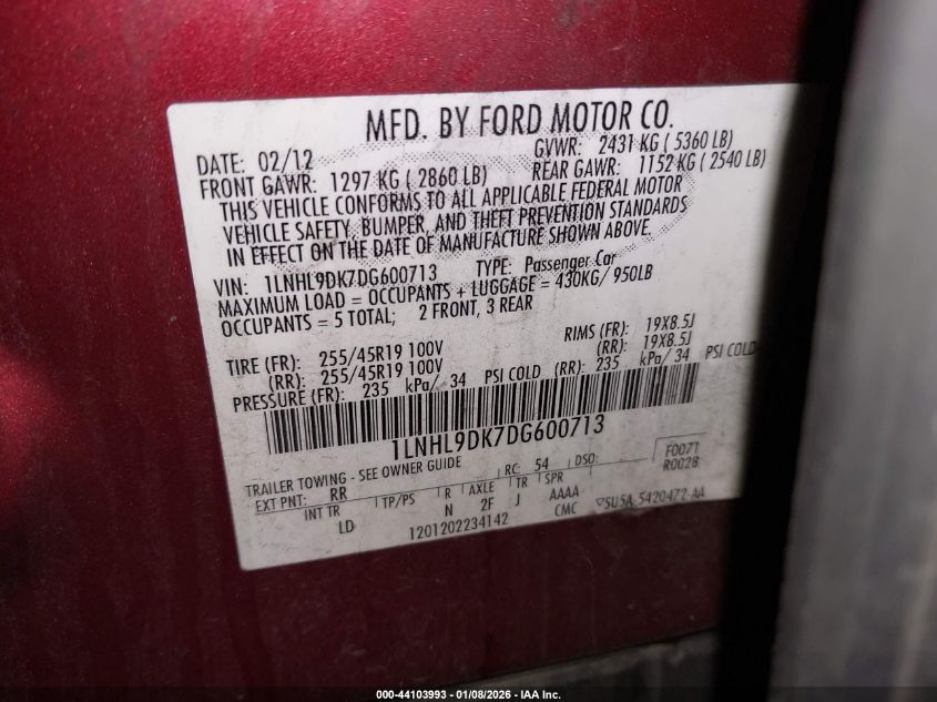 2013 Lincoln Mks VIN: 1LNHL9DK7DG600713 Lot: 44103993