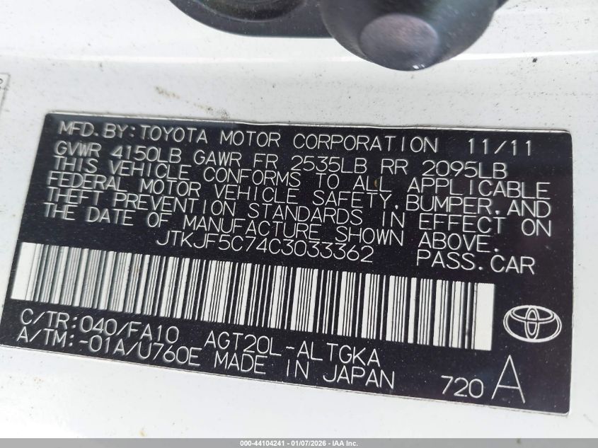 2012 Scion Tc VIN: JTKJF5C74C3033362 Lot: 44104241